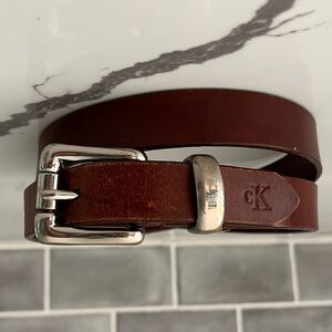 Calvin Klein 100% Italian Saddle Leather Skinny Brown Belt w/ Silvertone Buckle